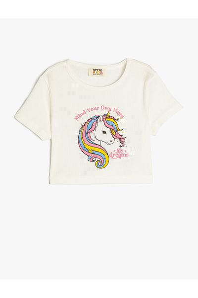 Koton Cotton Crew Neck Short Sleeve Unicorn Print Crop T-Shirt