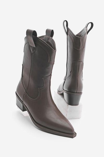 Marjin Women's Pointed Toe Western Boots - Thick Heeled and Baliva Brown