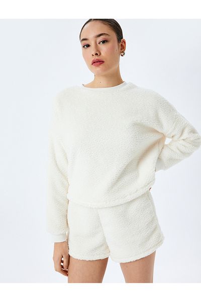 Koton Weiches, strukturiertes Plüsch-Fleece-Pyjama-Oberteil mit Rundhalsausschnitt