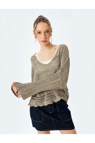 Koton V-Neck Openwork Bell Sleeve Cotton Blended Long Sleeve Knitwear Sweater