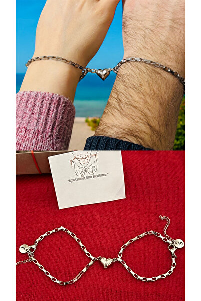 C&On Design Sevgililer İçin Hediyelik 2Li Harfli Mıknatıs Kalpli Çelik Set Bileklik