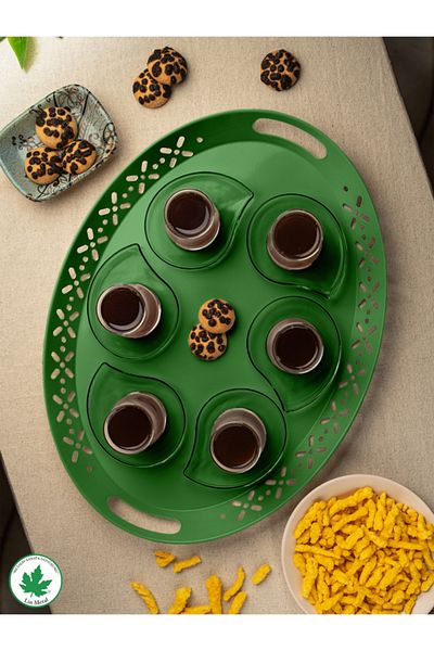 linmetal Green Tulip Tray - Metal Oval Serving Tray, Romantic Tray, Large Tray, Tea Coffee Tray
