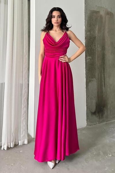 Serica Moda Fuşya Zincir Asklı Göğüs Drapeli Abiye Elbise
