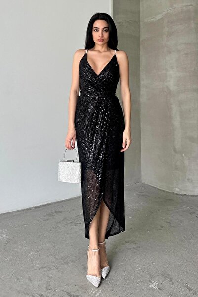 Serica Moda Βραδινό φόρεμα με μαύρη πέτρα με λουράκι με παγιέτες με διπλό σχιστό