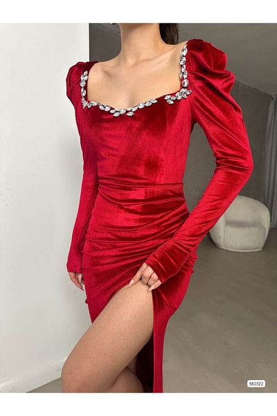 Trendusfashion Women's Evening Dress with Square Neck Velvet Stone Embroidered Long Sleeves Slit