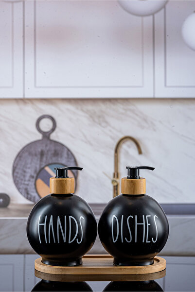 Lizzy 3 Parça Bambu Altlıklı Sıvı Sabunluk Seti El ve Bulaşık