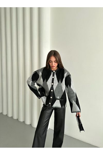 Laluvia Cardigan s diamantovým vzorem s černými stříbrnými knoflíky - 7200