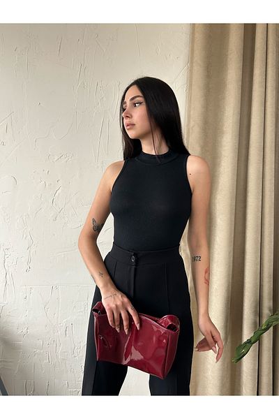 Fav Style Γυναικεία μπλούζα με όρθιο γιακά καμιζόλα πλεκτή με ραβδώσεις Halter Crop Μπλούζα Μαύρη