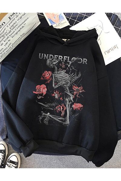 Pisa Art Унисекс Суичър Underground Rose And Bone Rock Metal Hoodie Rose And Skeleton Bone