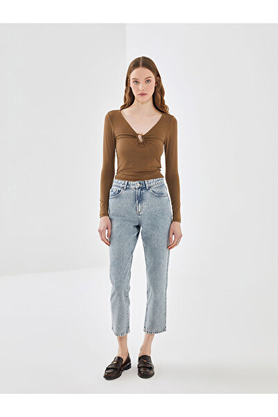 LC Waikiki Brown V-Neck Women's Blouse