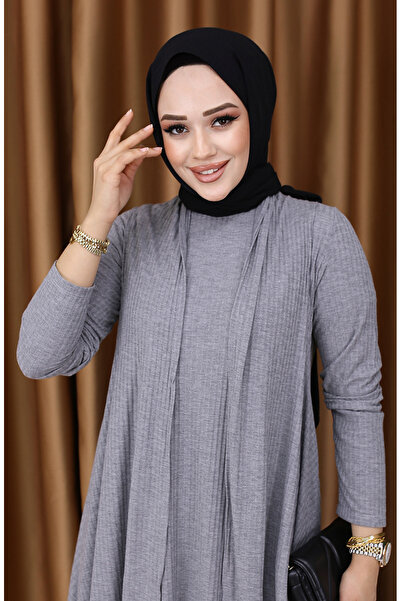 sefamerve Büyük Beden Yelek Elbise İkili Takım 6370-02 Gri