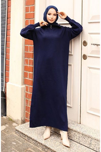sefamerve Πλεκτό φόρεμα με φερμουάρ στο γιακά 2441-06 Navy Blue