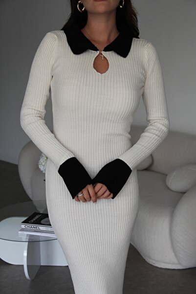 Julidress Polo Yaka Düğme Detaylı Fitilli Bodycon Midi Boy Örme Triko Elbise