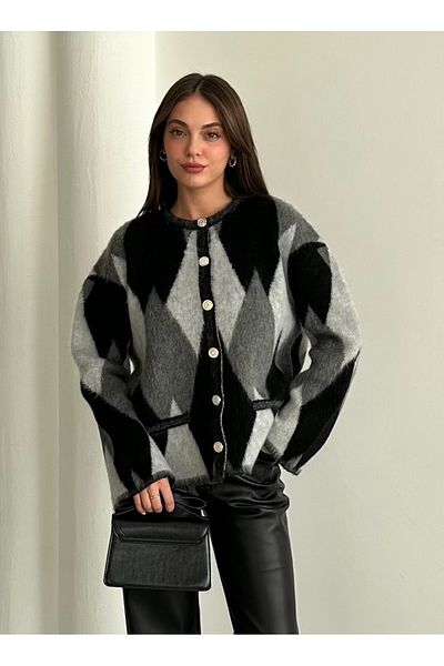 Laluvia Cardigan s diamantovým vzorem s černými stříbrnými knoflíky - 7200