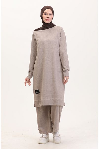 sefamerve Beige Sports Tunic and Pants Set - 0293-04 Split Detail, Two Thread