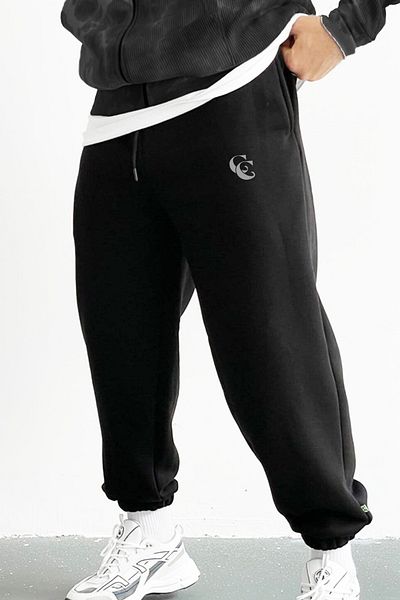 C&C OKULCUNUZ Unisex Μαύρο βαμβακερό 3 νήμα ράστερ φούτερ - τυπωμένο λογότυπο CC