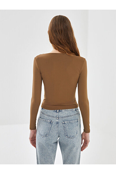 LC Waikiki Brown V-Neck Women's Blouse