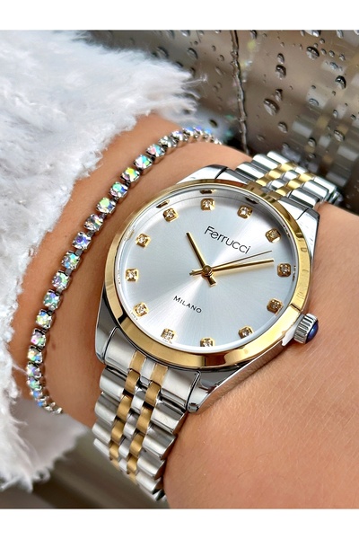 Ferrucci Kadın Kol Saati Su Geçirmez  Gold Gri Çelik , bileklik hediyeli