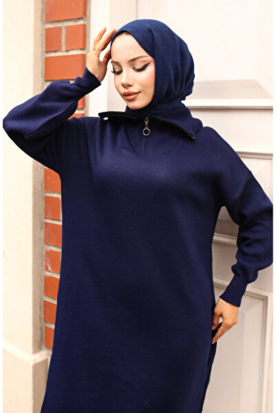 sefamerve Yakası Fermuarlı Triko Elbise 2441-06 Lacivert