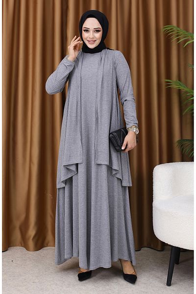 sefamerve Γκρι Plus Size Γιλέκο και Σετ Φόρεμα - 6370-02
