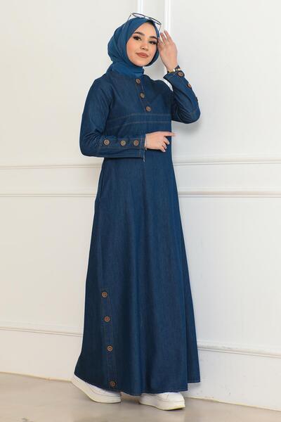 Modamihram Σκούρο μπλε τζιν φόρεμα - με λεπτομέρεια και τσέπες με κουμπιά 19234
