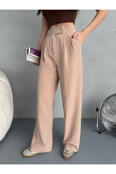 alanora Women's Velcro Closure Wide Leg Palazzo Fabric Trousers