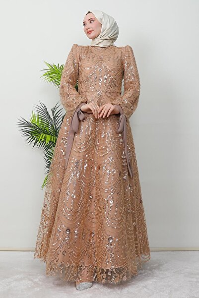 GİZ AGİYİM Βραδινό φόρεμα Aymira Tesettür, καφέ γαλακτοκομικό