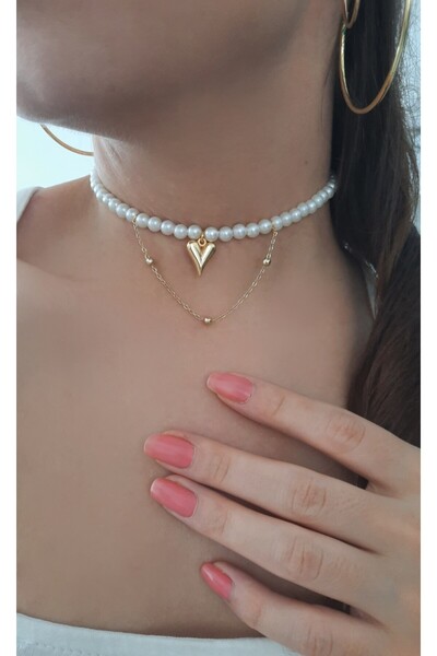 Cey's fashion Kalpli Kolye Kalpli inci Kolye Taşlı Kalp Kolye Kalpli Choker Tasma Kolye Choker Kolye