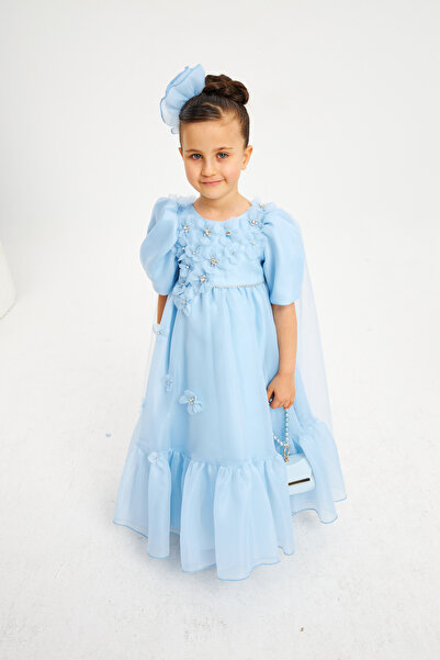 pink girls UZUN KOLLU Pelerinli Çiçek Kabartmalı Taçlı Abiye