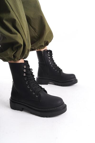 CZ London Kadın Kalın Tabanlı Günlük Postal Bot Bağcıklı Yuvarlak Burun Fermuarlı Bot