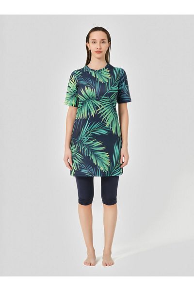 ALFASA Patterned Half Sleeve Semi-Covered Swimsuit - Navy Blue -