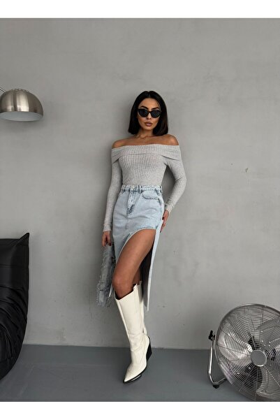 Zeo Basic YAN YIRTMAÇLI BUZ MAVİ MİDİ ETEK