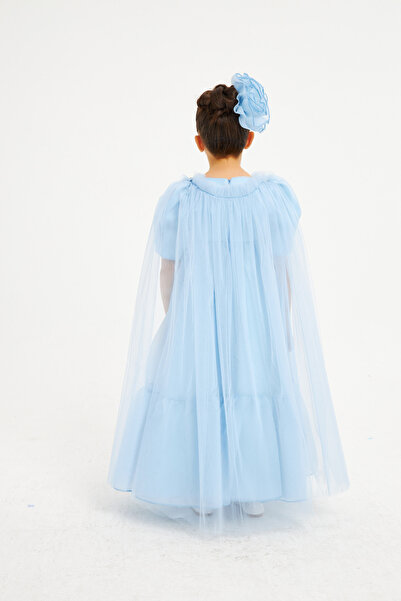 pink girls UZUN KOLLU Pelerinli Çiçek Kabartmalı Taçlı Abiye