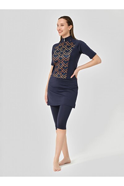 ALFASA Patterned Stitching Decorated Half Sleeve Half Covered Swimsuit - Navy Blue -