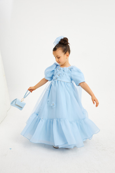 pink girls UZUN KOLLU Pelerinli Çiçek Kabartmalı Taçlı Abiye