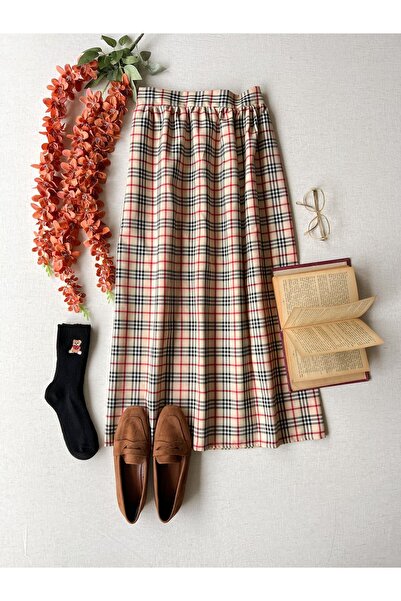 KÜÇÜĞÜM BUTİK Κρεμ καρό μαζεμένη μέση μακριά φούστα