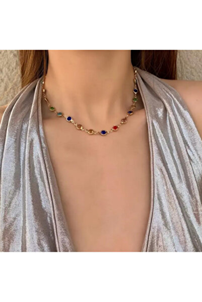 SE Jewellery Gold Renkli Taşlı Zarif Kadın Kolye