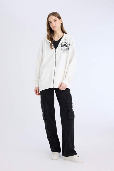 DeFacto Oversize Wide Fit Hooded Printed Zippered Thick Sweatshirt E5991Ax