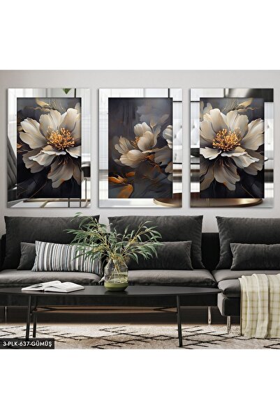 Evinemoda Çiçekler Sanatsal Tasarım 3 Parça Pleksi Aynalı Çerçeveli Tablo