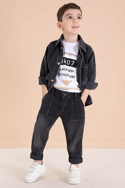 Cansın Mini Smoked Buttoned Jean Jacket and Trousers Boy's 3-Piece Suit 20010