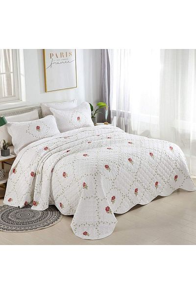 Orange Bed & Bath غطاء سرير مزدوج من القطن بنسبة 100% مكون من 3 قطع | وردة حمراء