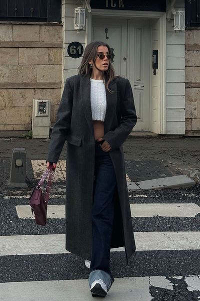 XHAN Double Breasted Cut Anthracite Striped Cashmere Coat - 5Kxk4-49070-36