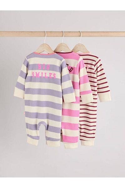 Next Baby 100% Cotton Pink Purple Striped Patterned 3-Piece Jumpsuit Set