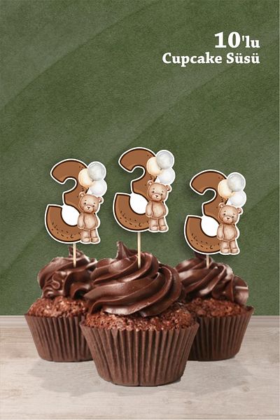 neşeli günlerim 3 Years Old Teddy Bear Themed Cupcake Ornament -'10Pcs