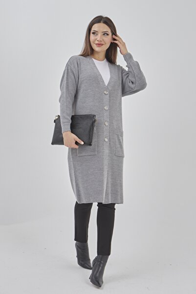 Elçelya Moda Kadın Mevsimlik Uzun Triko Cepli Düğmeli Esnek Hırka