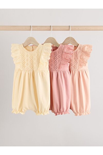 Next Baby %100 Pamuklu Krem Pembe Fırfır Kol Dantel Detaylı 3'lü Romper Set