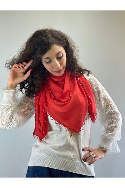 Gönülden Tasarım Beads Embroidered Hand Scarf Shal Scarf 100X100 cm