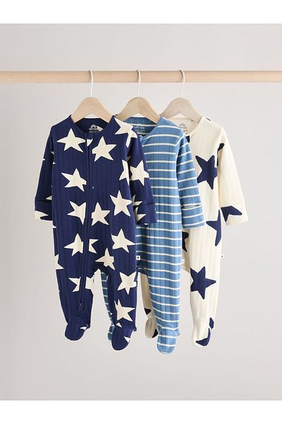 Next Baby 100% Cotton Shiny Navy Blue Star Patterned 3-Piece Jumpsuit Set