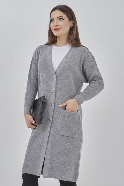 Elçelya Moda Women's Seasonal Long Knitwear Buttoned Stretchy Cardigan with Pockets