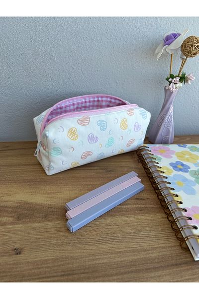 minyaturhayalim Pink Zippered Multi Heart Smiley Face Pencil Case - 20-7-6cm Lined Washable